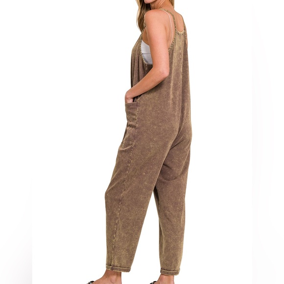 Washed Spaghetti Straps Overalls with Pockets - Mahogany - Picture 3 of 3